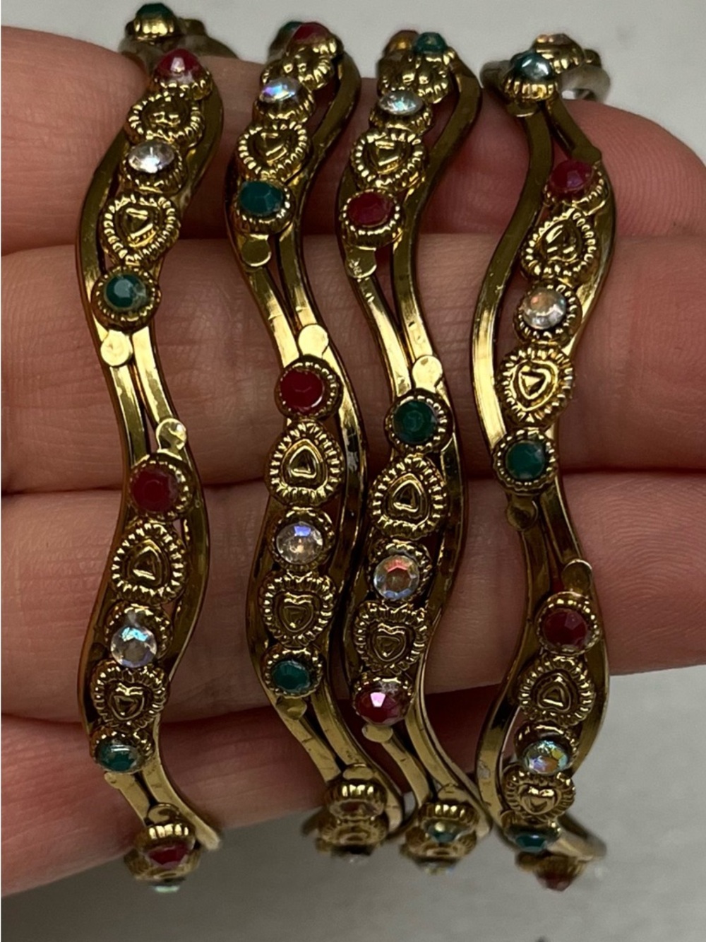 Set of 4 Gold-Plated Zig-Zag Bangles| Multi-Color Kundan Style Bracelets - Picture 3 of 5